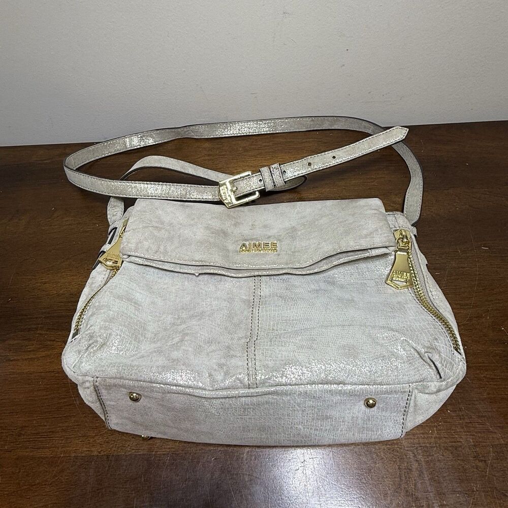 Aimee Kestenberg Metallic Bali Double Entry Crossbody Genuine Leather Purse Read